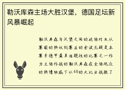 勒沃库森主场大胜汉堡，德国足坛新风暴崛起